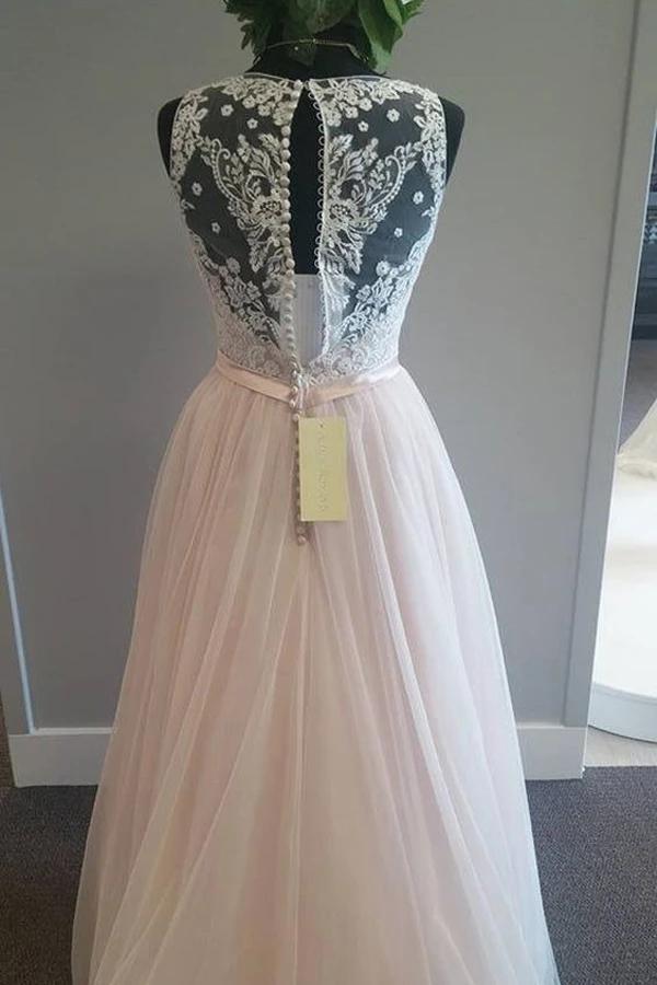 Light Pink V Neck Sleeveless Tulle Beach Wedding Dress with Lace Applique, Bridal Dress WLD2523