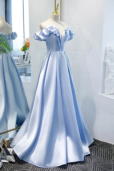 Blue Satin Simple Off Shoulder Long Party Dress 2021, A-Line Light Blue Prom Dresses WLD0020