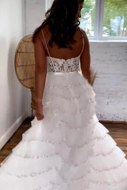 Spaghetti Straps Ivory Layered Tulle Prom Dress With Slit, Beach Wedding Dress With Lace Appliques WLD0174