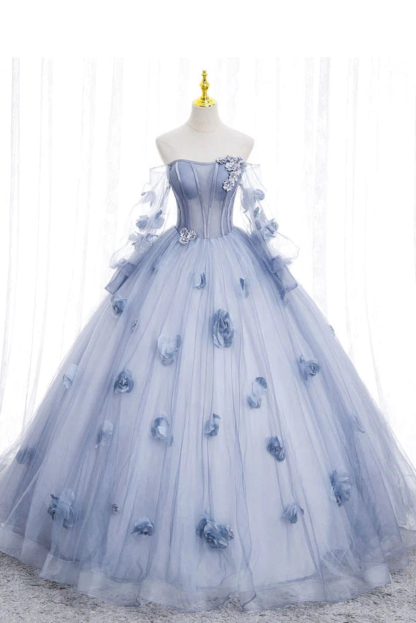 Off The Shoulder Blue Tulle Prom Dress With Flowers, Princess Quinceanera WLD0254