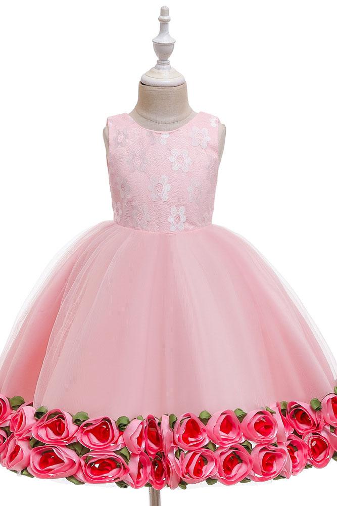 A Line Sleeveless Lace Flower Girl Dresses Below the knee Baby Dress with flower UQF0001