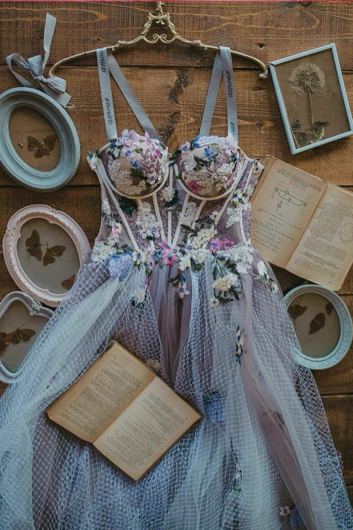 Elegant Dusty Lavender Floral Spaghetti Strap Sweetheart A-line Tulle Long Prom Dress  WLD0219