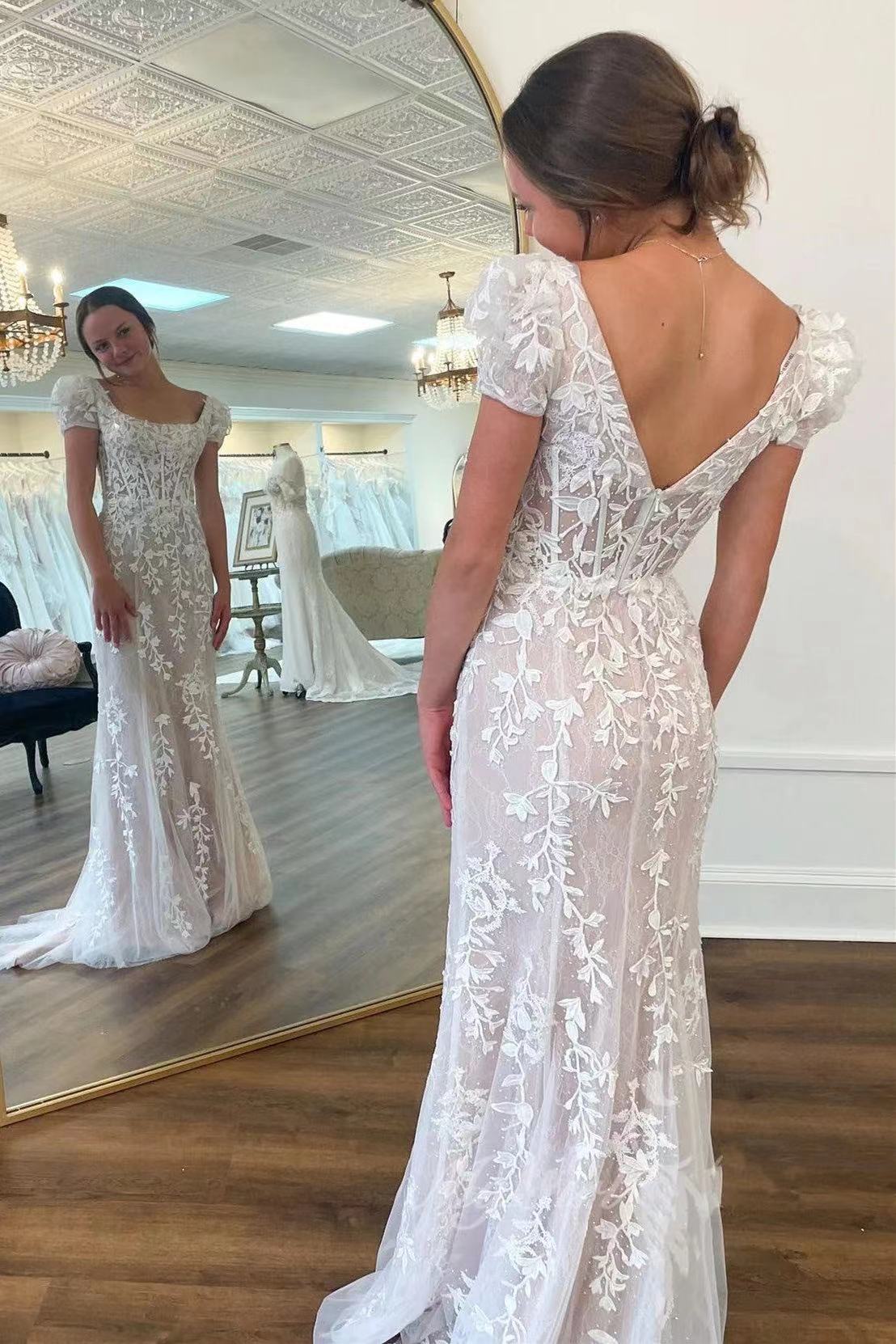 Ivory Lace Appliques Tulle Long Bridal Dress, Elegant Sheath Beach Wedding Dress WLD0171