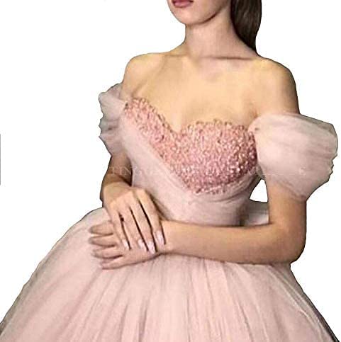 Princess Pink Tulle Off the Shoulder Lace up Prom Dresses with Bowknot,Sweetheart Formal Gown WLD0165