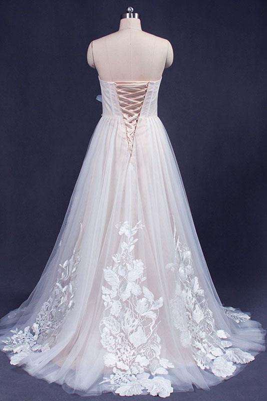 A Line Sweetheart Tulle Appliqued Wedding Dress, Strapless Tulle Bridal Dresses UQ2349