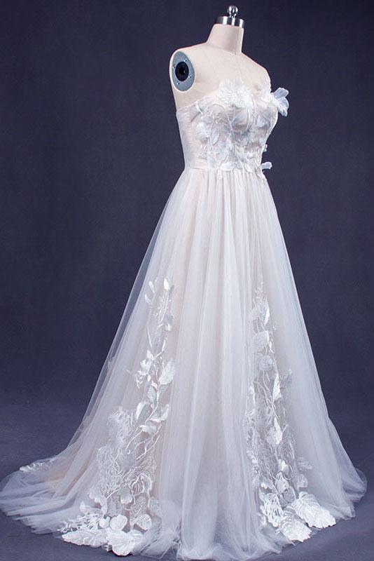 A Line Sweetheart Tulle Appliqued Wedding Dress, Strapless Tulle Bridal Dresses UQ2349