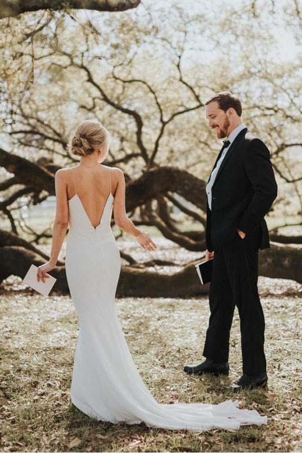 Spaghetti Straps Mermaid Backless V-Neck Beach Wedding Dresses, Long Bridal Gown WLD0143