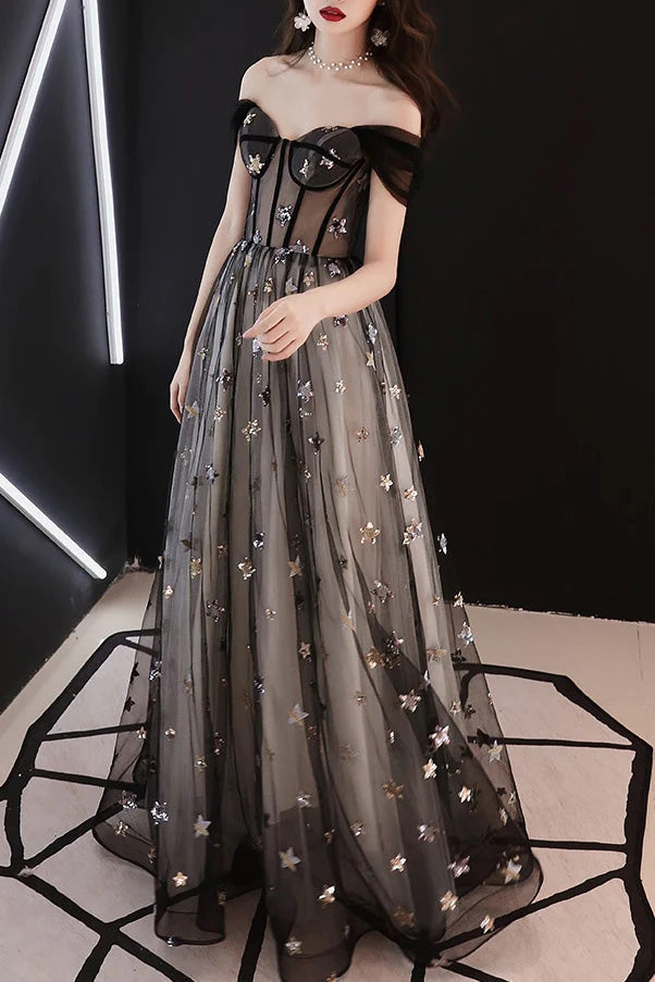 Gorgeous Off Shoulder A-Line Black Tulle Long Prom Dress with Stars WLD0246