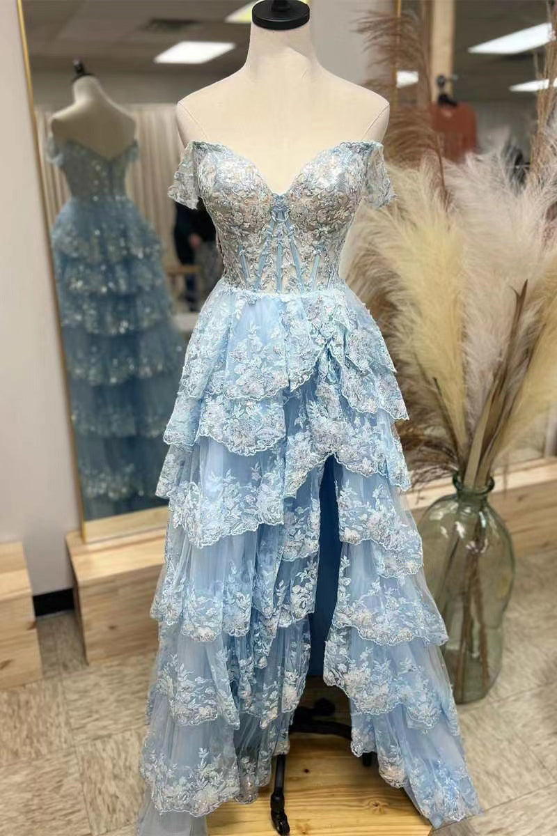 Light Sky Blue Sweetheart Long Prom Gown With Slit, Evening Dress WLD0222