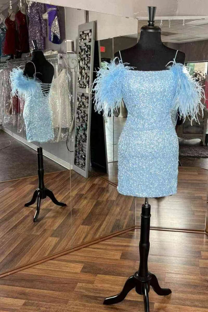 Gorgeous Sequins Bodycon Mini Homecoming Dress With Feather, Spaghetti Straps Short Party Dress WLD0121