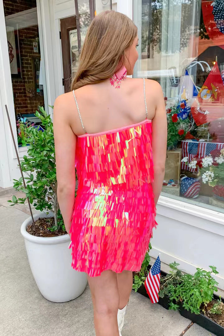 Sparkly Two Piece Hot Pink Spaghetti Straps Homecoming Dress,Short Prom Dress WLD0152