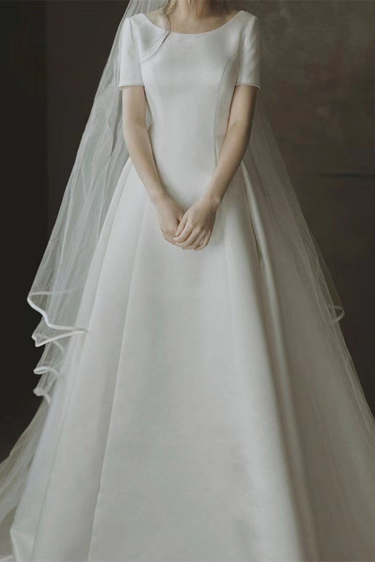Simple White Satin V Back Beach Wedding Dresses, Ivory Bridal Gowns With Bowknot WLD0135