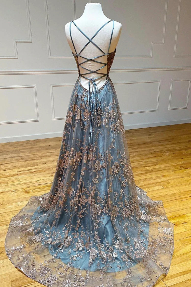 A line V-Neck Gray Tulle Long Prom Dress With Lace,Spaghetti Straps Evening Gown WLD0116