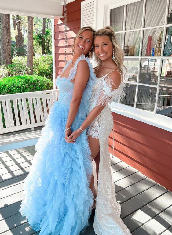 Light Sky Blue Tulle Princess Ruffle Straps With Tiered Long Prom Dress WLD0169