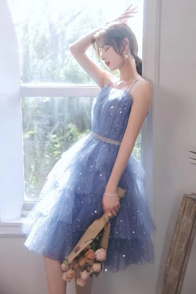 Shiny Blue Tulle A-Line Spaghetti Straps Homecoming Dresses,Short Party Gowns,Hoco Dress WLD0137