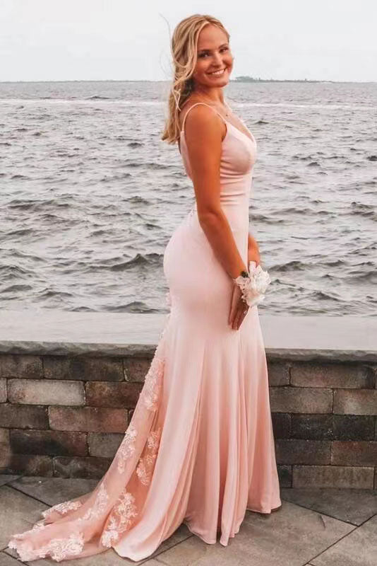 Pink Satin Mermaid Long Prom Dress With Applique, Formal Dress WLD0205