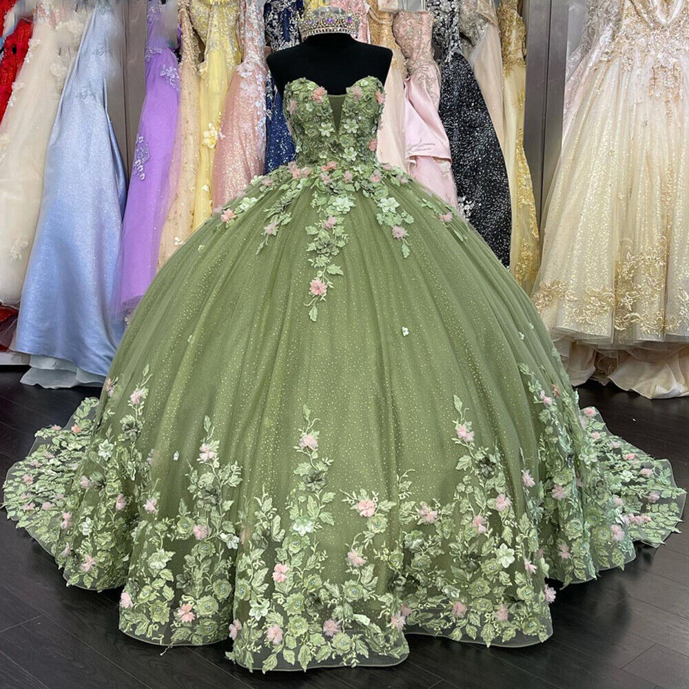 Sweetheart Green Ball Gown Tulle Long Prom Dress With Applique, Quinceañera Dress  WLD0224