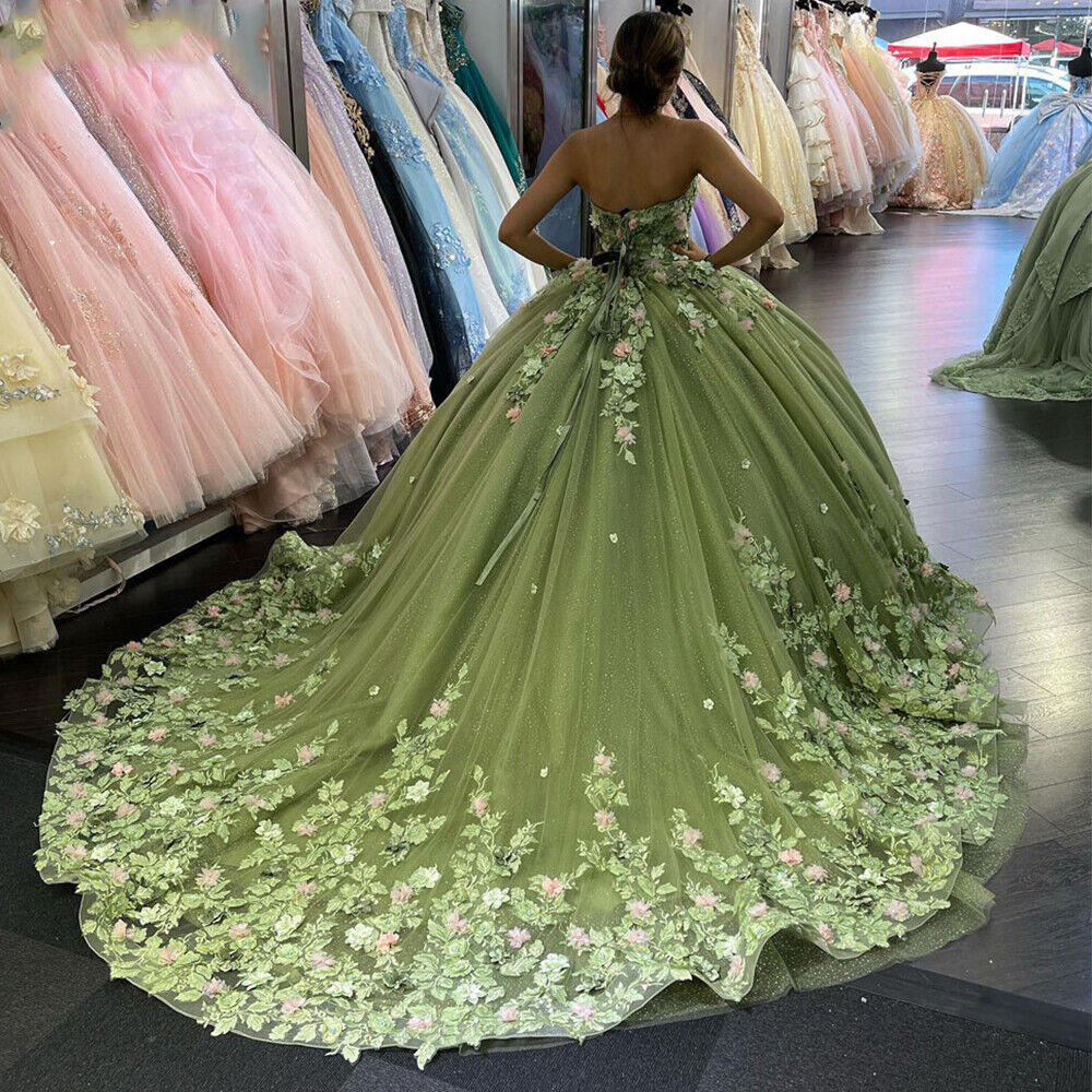 Sweetheart Green Ball Gown Tulle Long Prom Dress With Applique, Quinceañera Dress  WLD0224
