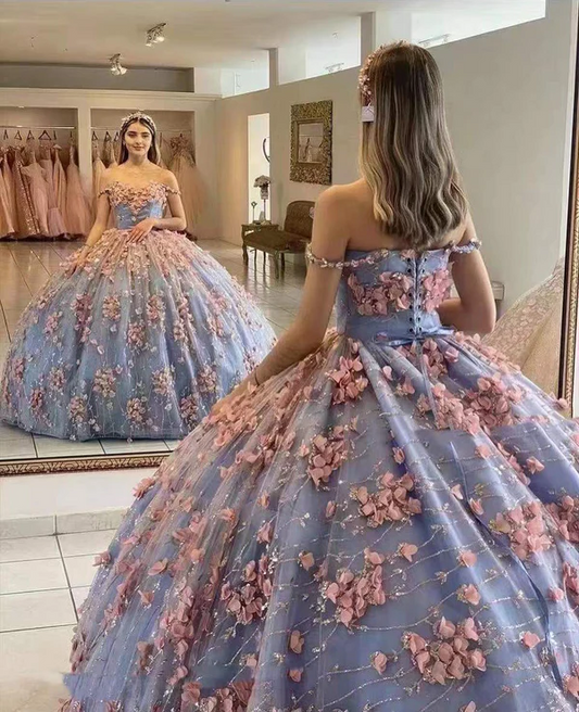 Gorgeous Ball Gown Prom Dress With 3D Flowers,Off The Shoulder Quinceanera Dresses WLD0217
