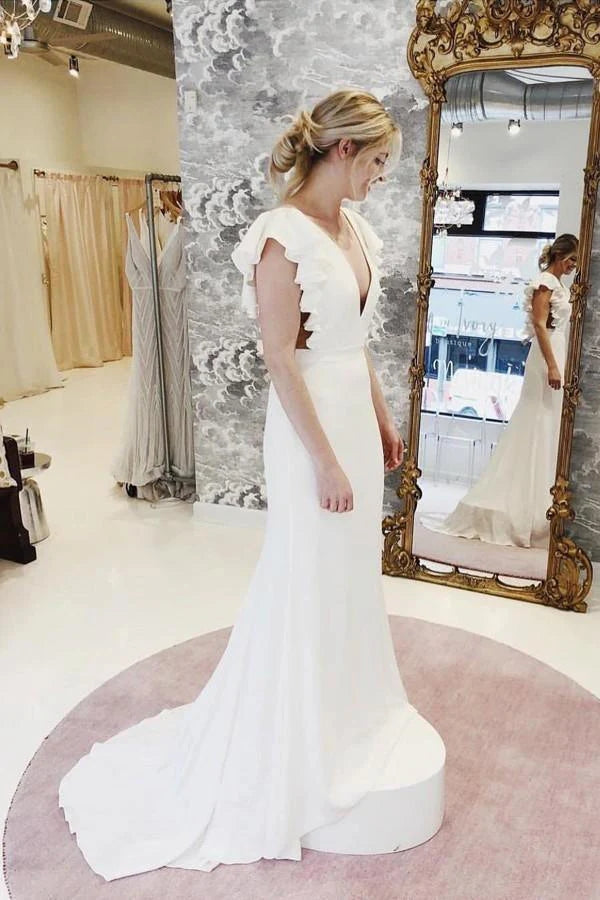 Mermaid V-Neck Cap Sleeves Wedding Dress with Ruffles, Bride Dress WLD0192