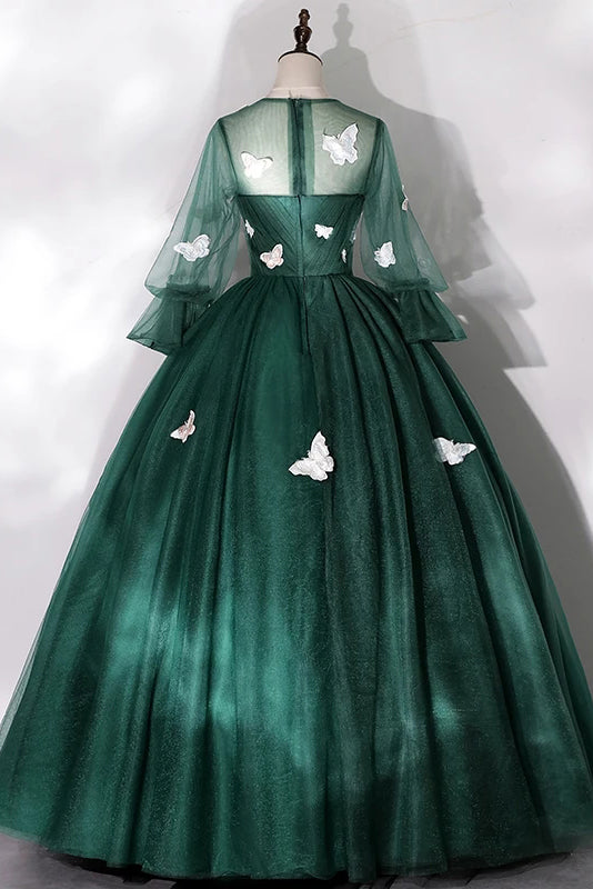 Dark Green Long Sleeves Ball Gown Sweet Dresses, Green Tulle Round Neckline Prom Dresses WLD0021