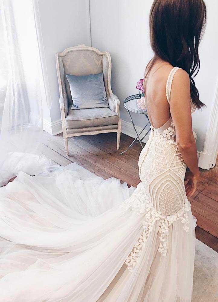 Ivory Mermaid Backless V Neck Lace Wedding Dress, Bridal Gown WLD0142