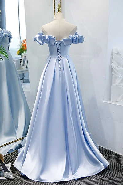 Blue Satin Simple Off Shoulder Long Party Dress 2021, A-Line Light Blue Prom Dresses WLD0020