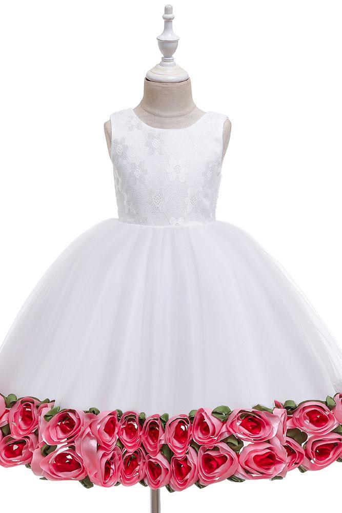 A Line Sleeveless Lace Flower Girl Dresses Below the knee Baby Dress with flower UQF0001