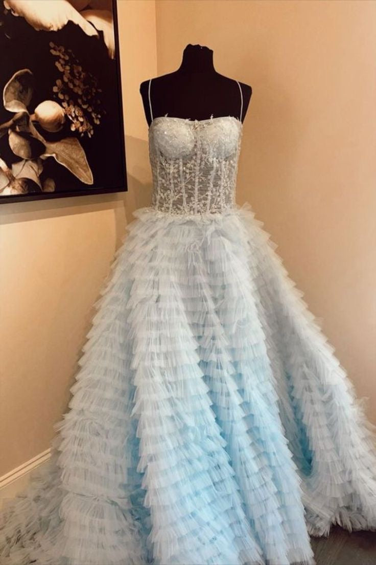Spaghetti Straps Light Blue Long Prom Dress , Slit Long Formal Gown WLD0365