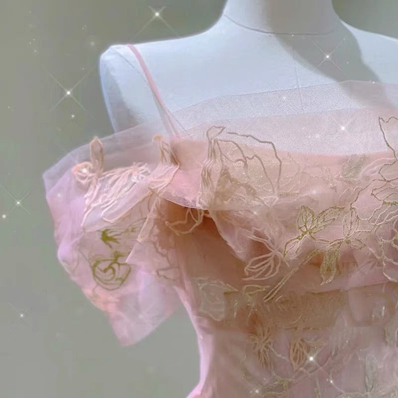 Pink Tulle Lace Short A-Line Prom Dress, Cute Off the Shoulder Party Dress WLD0319