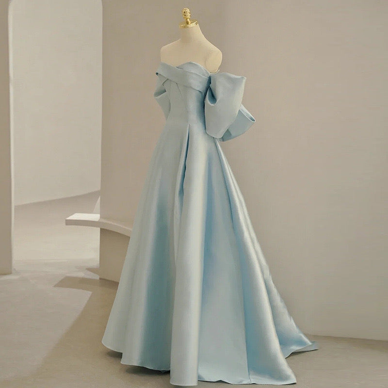 Sky Blue Strapless Satin Long Prom Dress With Bowknot, A Line Evening Gown CHP0333