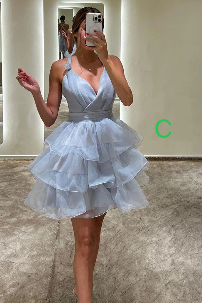 Hot Pink Organza Short Prom Dresses A Line Tiered V-Neck Homecoming Dress WLD0170