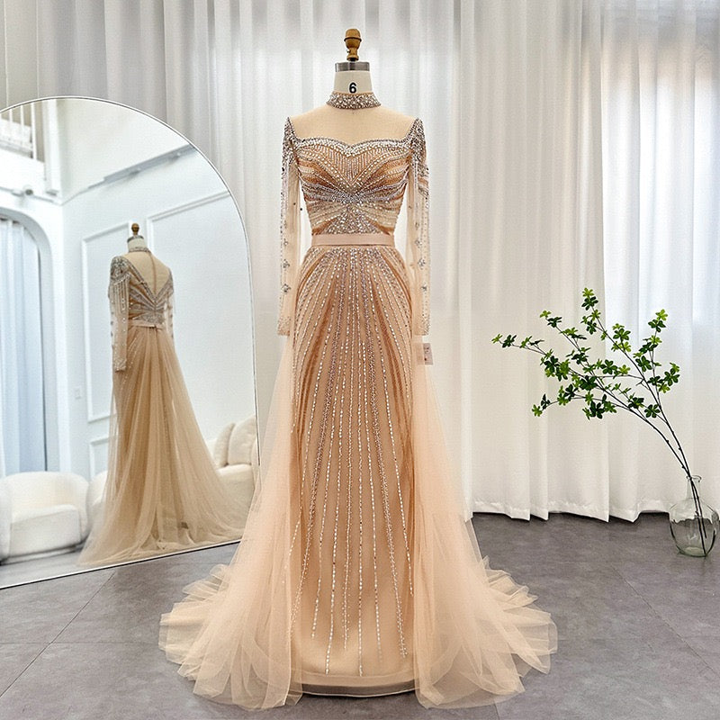 A Line Sheer Neck Long Prom Dress With Beading,  Long Sleeves Evening Dress CHP0273