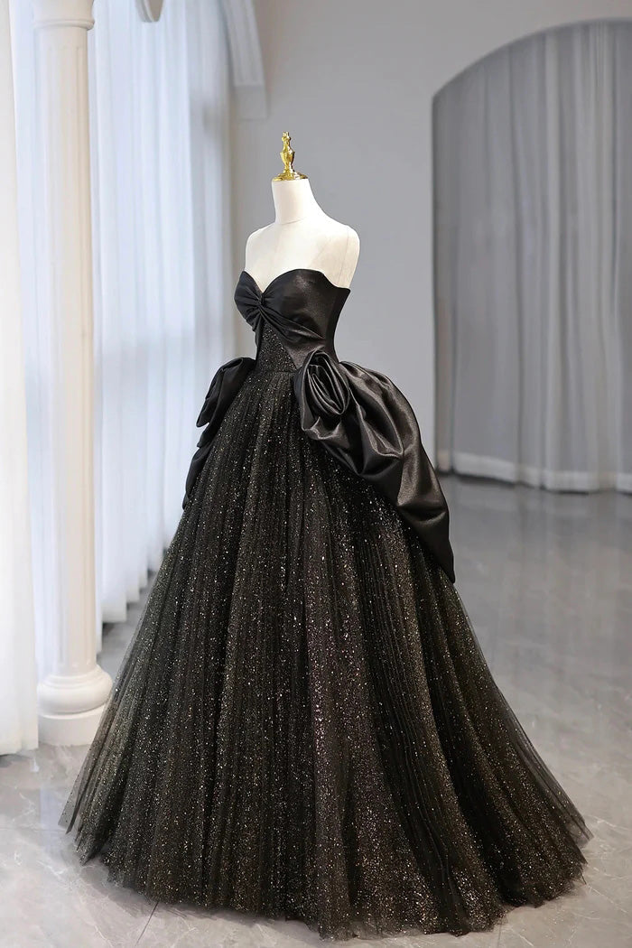 Black Strapless Satin and Tulle Long Prom Dress, Beautiful A-Line Evening Party Dress WLD0321