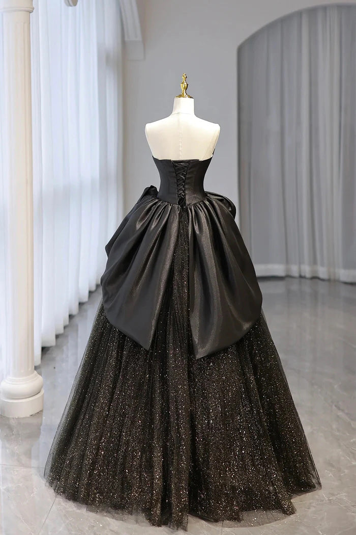 Black Strapless Satin and Tulle Long Prom Dress, Beautiful A-Line Evening Party Dress WLD0321
