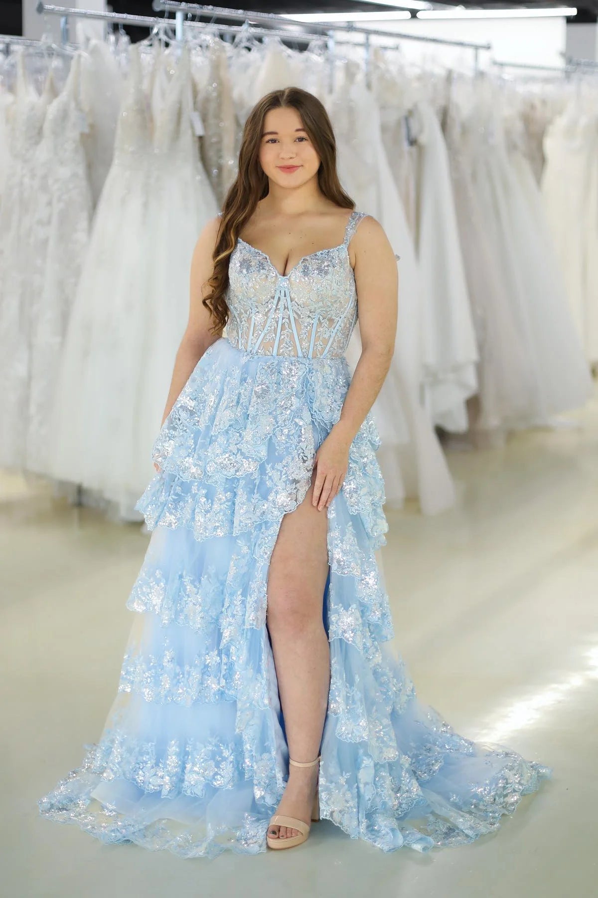 Light Sky Blue Sweetheart Long Prom Gown With Slit, Evening Dress WLD0222