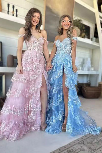 Shiny Off The Shoulder Long Prom Dress With Layers ,Formal Gown With Sequins Lace WLD0226