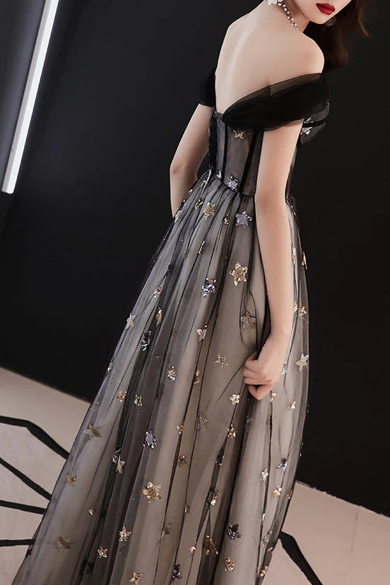 Gorgeous Off Shoulder A-Line Black Tulle Long Prom Dress with Stars WLD0246