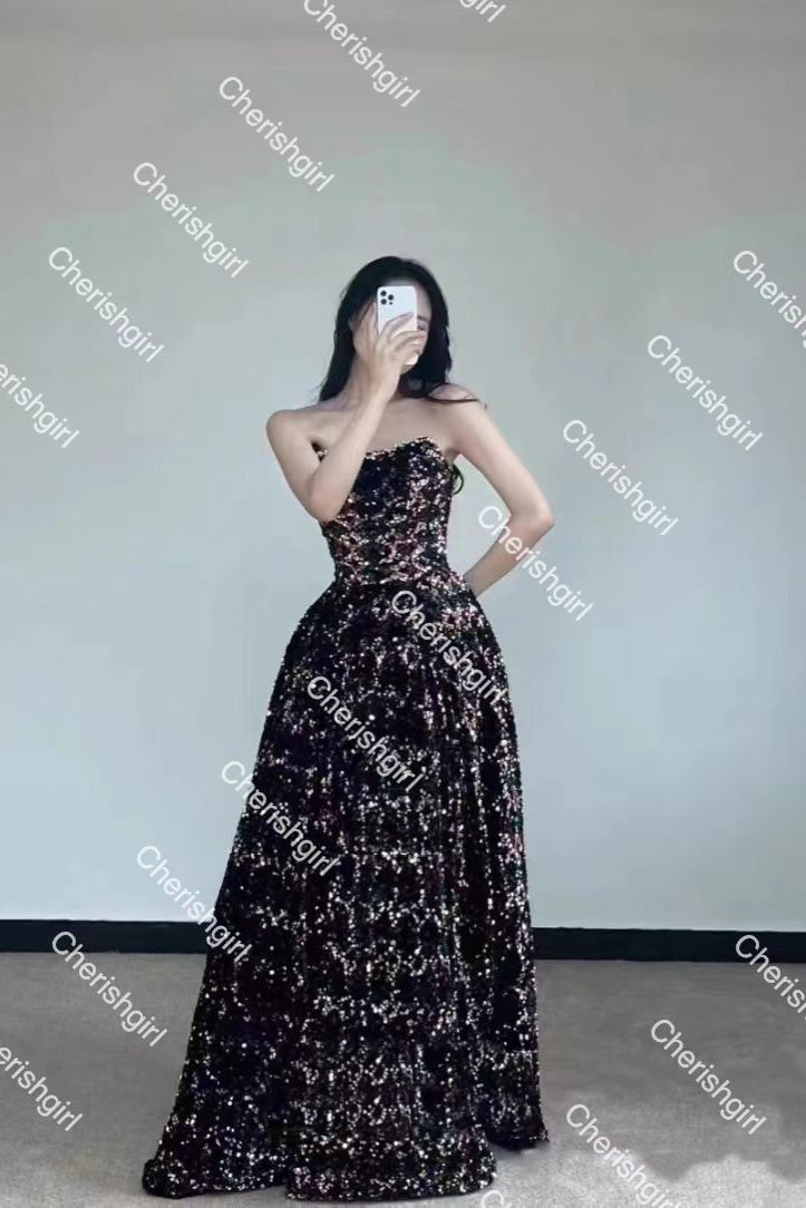 Gorgeous A-Line Shiny Sequins Strapless Prom Dress, Sparkly Formal Gown WLD0176