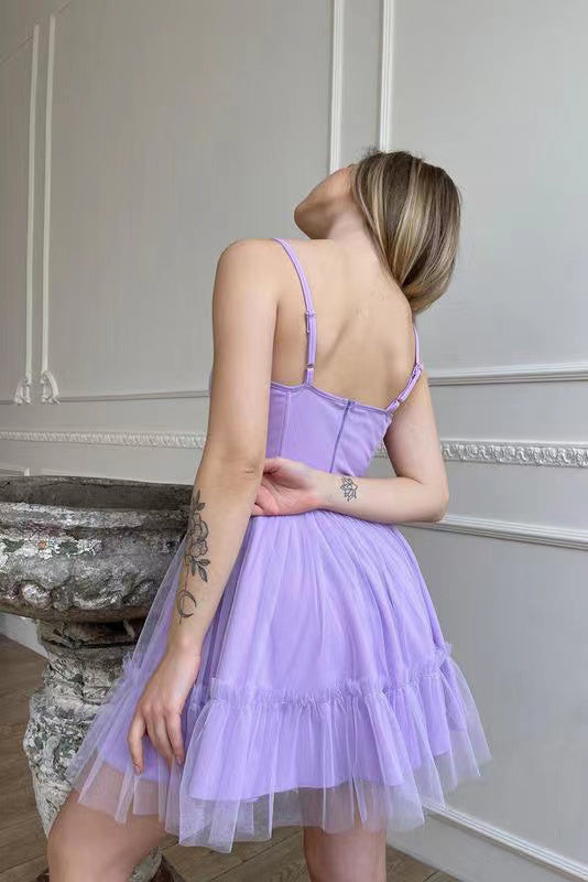 Purple Spaghetti Straps Tulle Homecoming Dress,Mini Prom Gown WLD0127