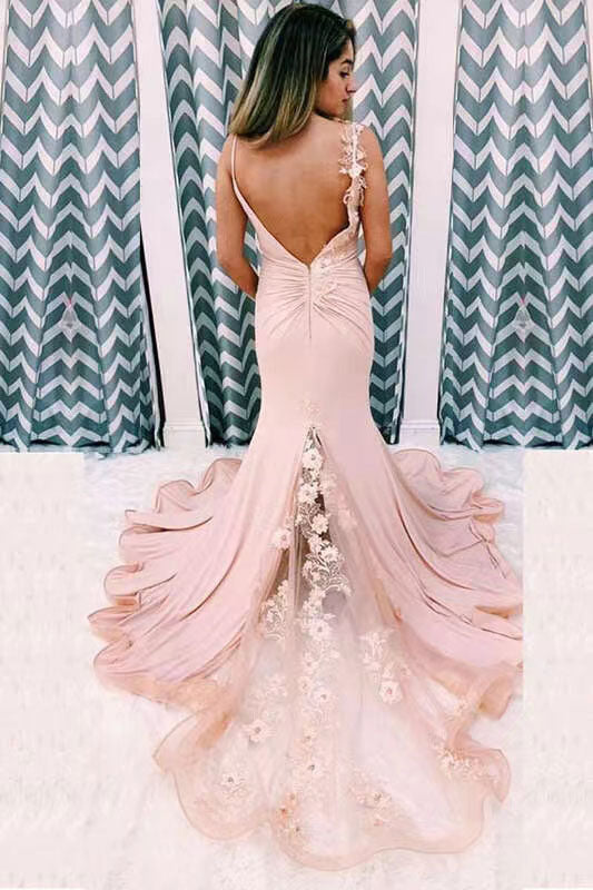 Pink Satin Mermaid Long Prom Dress With Applique, Formal Dress WLD0205
