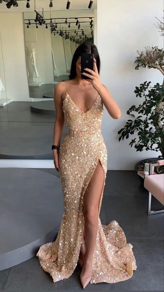 Gold Engagement Spaghetti Straps Mermaid Long Prom Dresses,Evening Gown WLD0216
