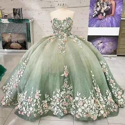 Sweetheart Green Ball Gown Tulle Long Prom Dress With Applique, Quinceañera Dress  WLD0224
