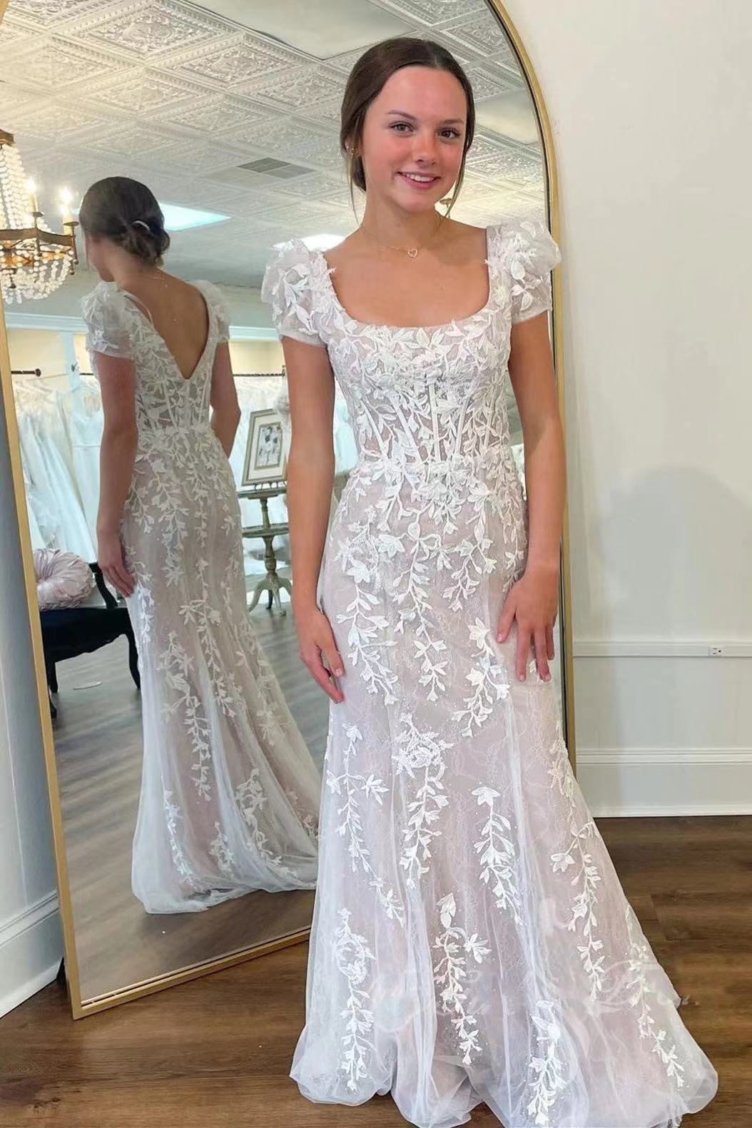 Ivory Lace Appliques Tulle Long Bridal Dress, Elegant Sheath Beach Wedding Dress WLD0171