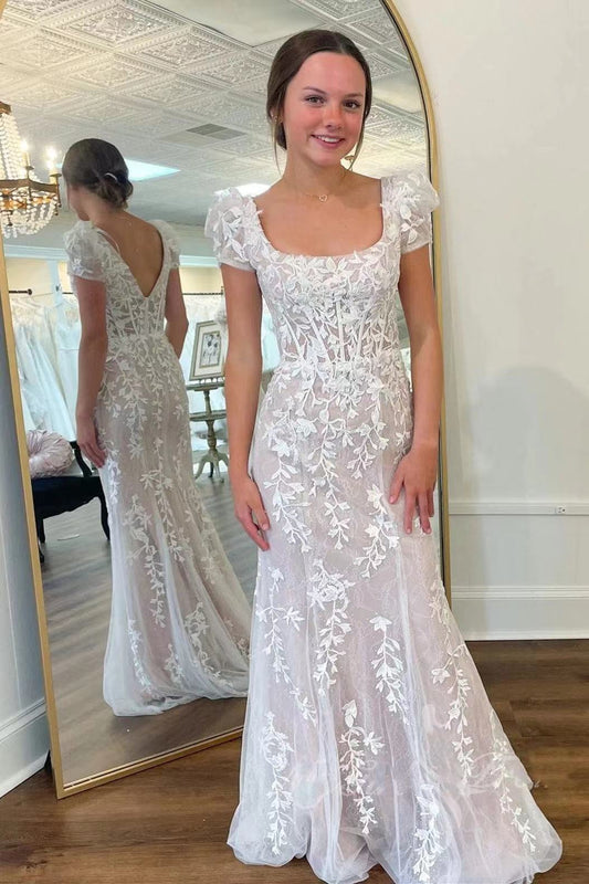 Ivory Lace Appliques Tulle Long Bridal Dress, Elegant Sheath Beach Wedding Dress WLD0171