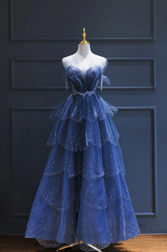 Blue Tulle Beaded Long Senior Prom Dress, A-Line Evening Party Dress WLD0318