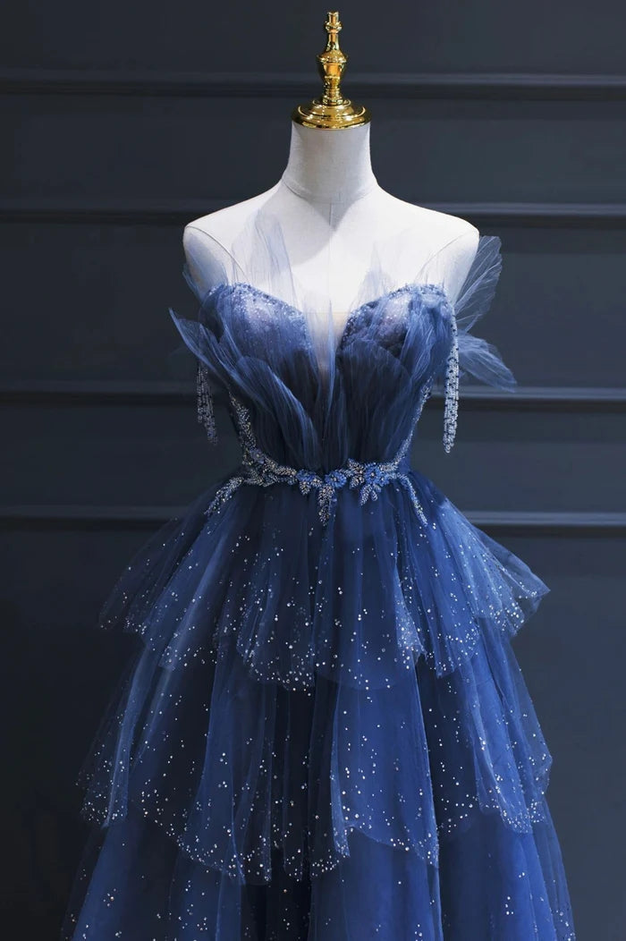 Blue Tulle Beaded Long Senior Prom Dress, A-Line Evening Party Dress WLD0318