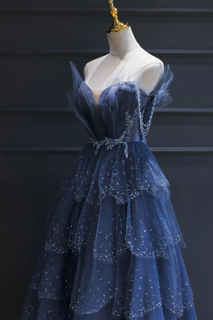 Blue Tulle Beaded Long Senior Prom Dress, A-Line Evening Party Dress WLD0318