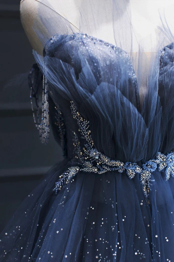 Blue Tulle Beaded Long Senior Prom Dress, A-Line Evening Party Dress WLD0318