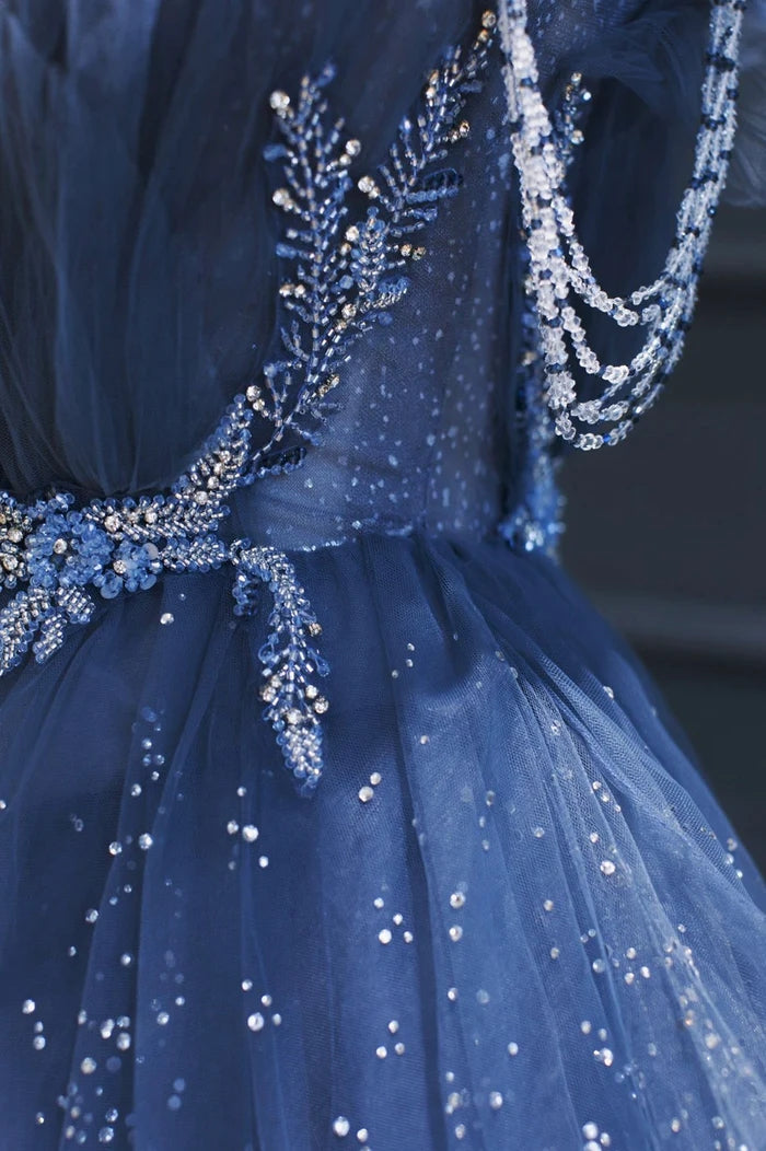 Blue Tulle Beaded Long Senior Prom Dress, A-Line Evening Party Dress WLD0318